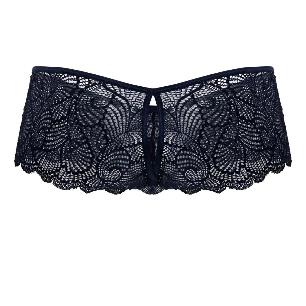 CandyMan 99907 navy lace trunks with black floral lace and scalloped edges, front view