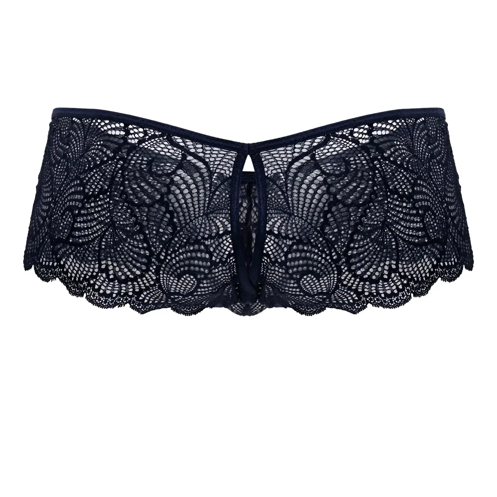 CandyMan 99907 navy lace trunks with black floral lace and scalloped edges, front view