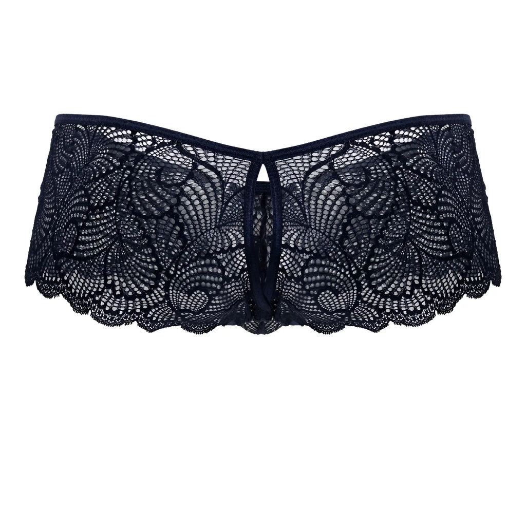 CandyMan 99907 navy lace trunks with black floral lace and scalloped edges, front view
