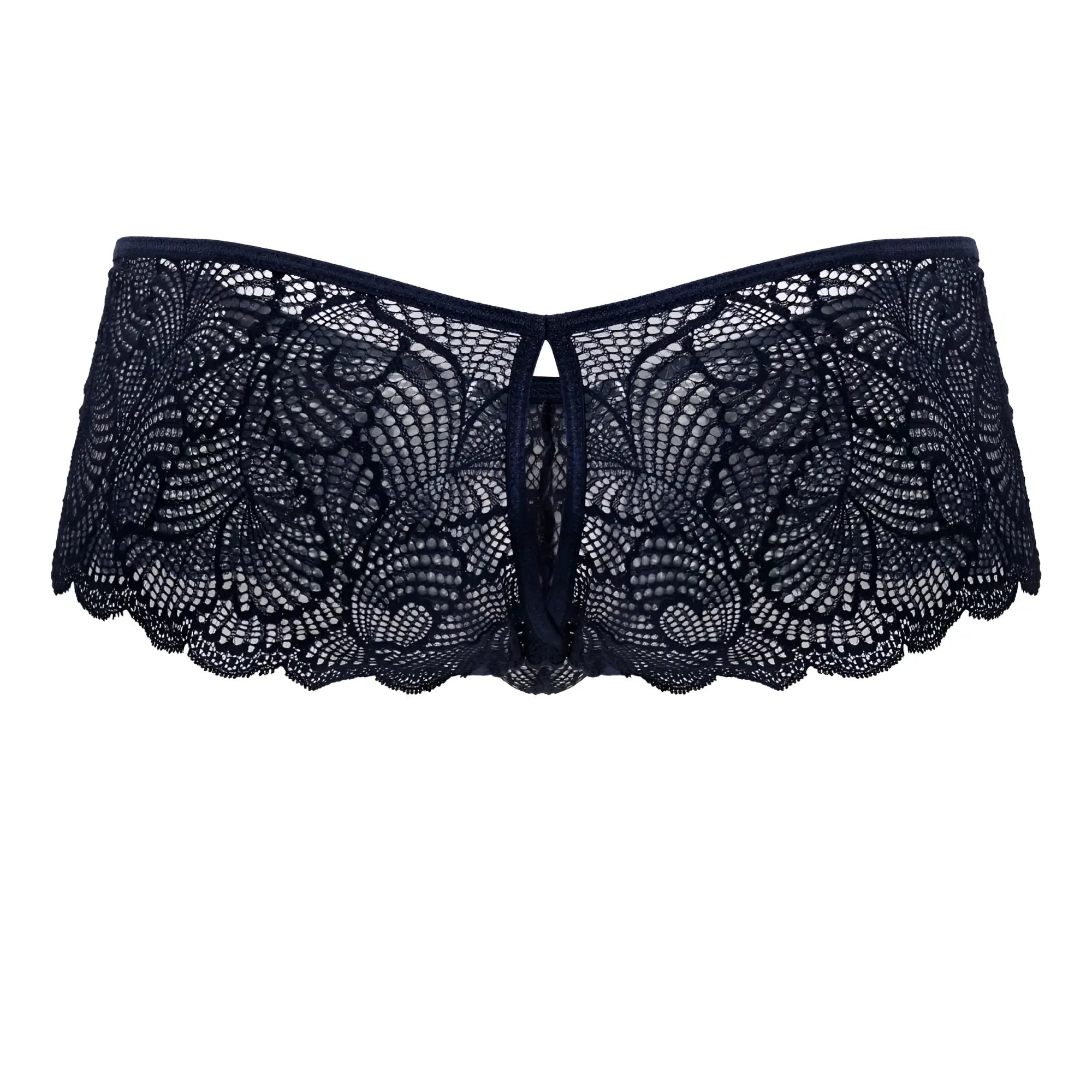 CandyMan 99907 navy lace trunks with black floral lace and scalloped edges, front view