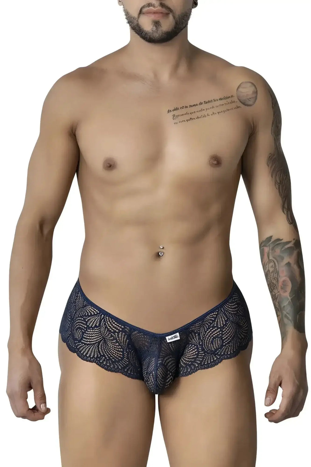 Navy blue lace CandyMan 99907 trunks for men with intricate floral pattern and small brand tag on waistband