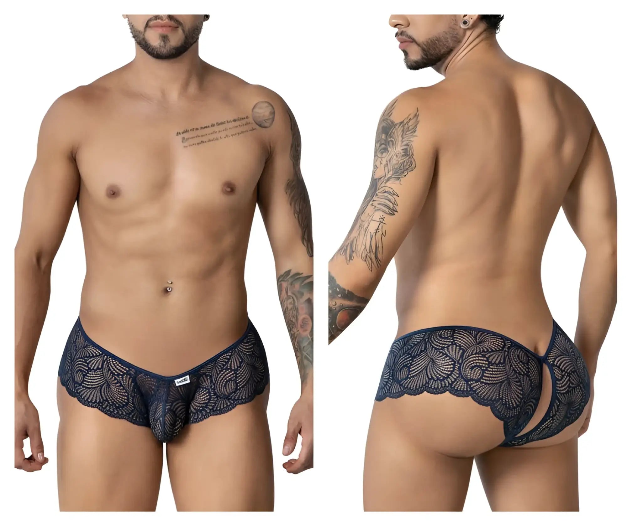 Navy blue lace men’s underwear with intricate floral patterns and scalloped edge candyMan 99907 lace trunks