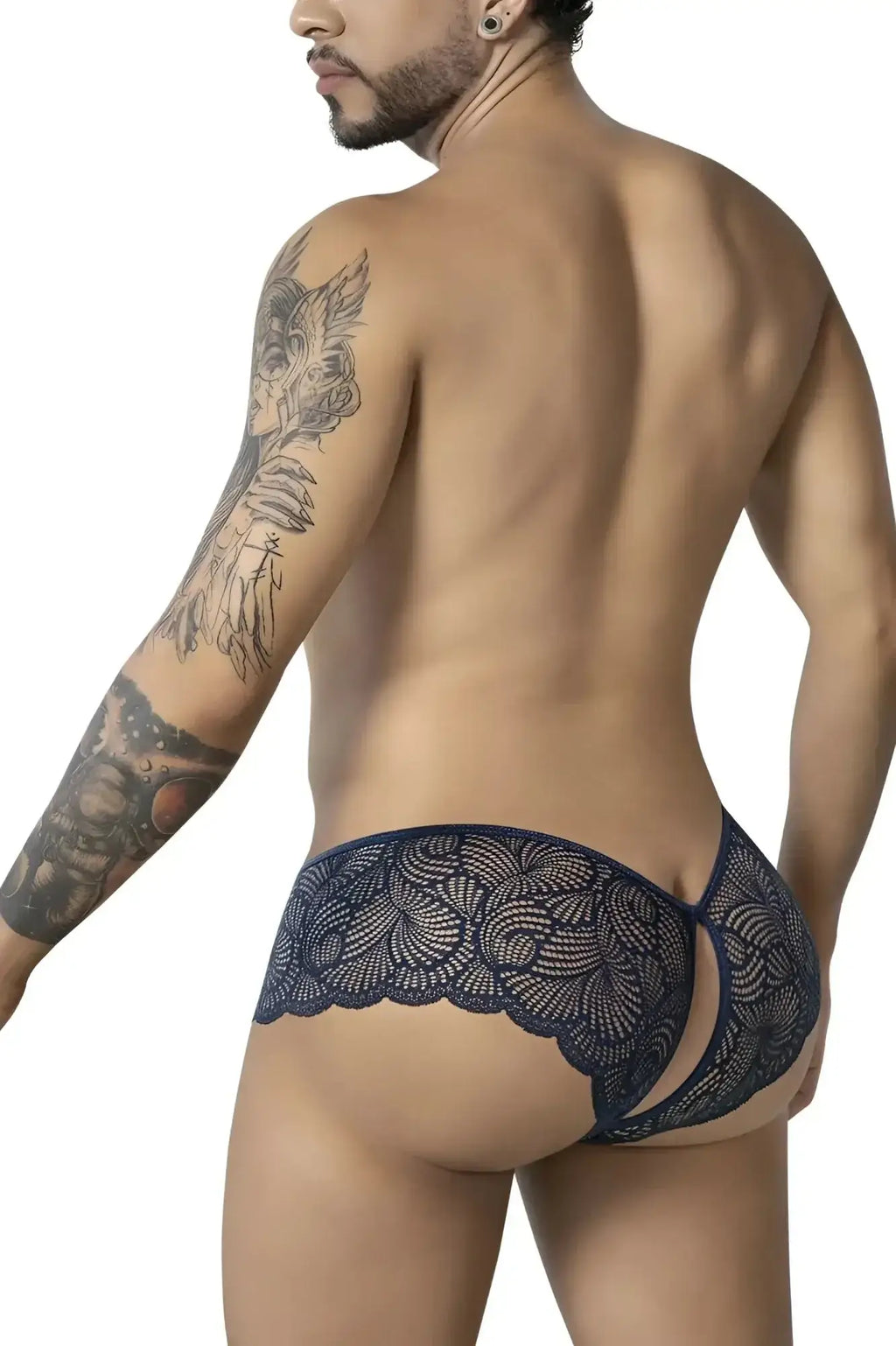 Dark blue CandyMan 99907 lace trunks with scalloped edge and cutout design in navy lace underwear style