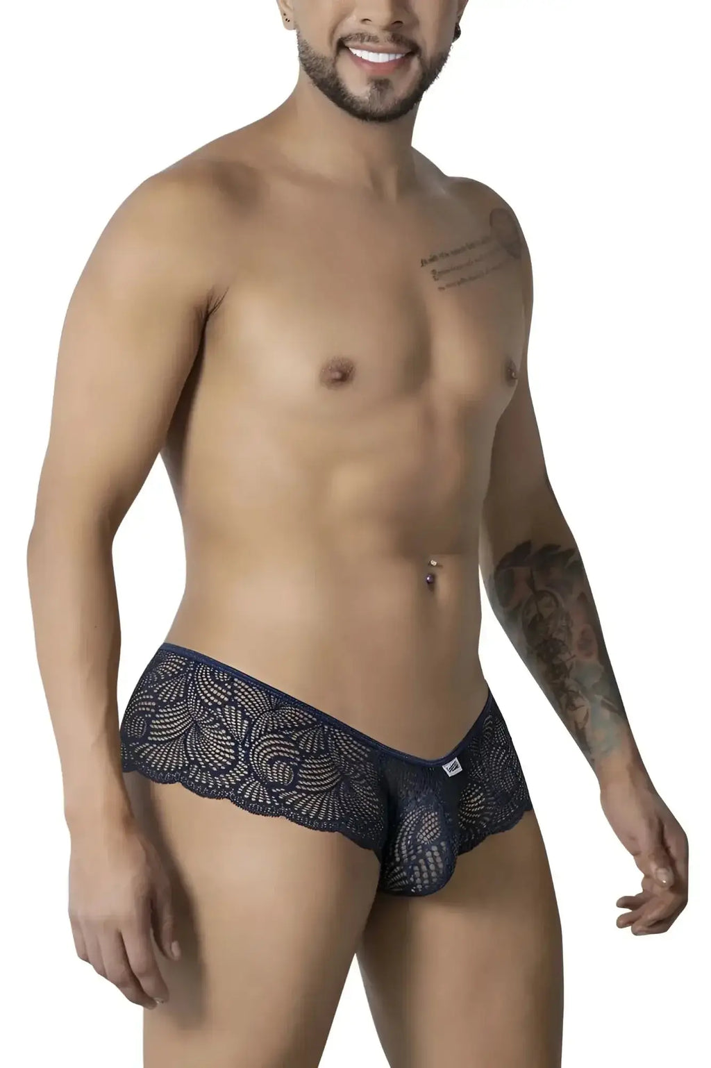 CandyMan 99907 lace trunks navy dark blue lace men’s underwear with intricate floral patterns and scalloped edge