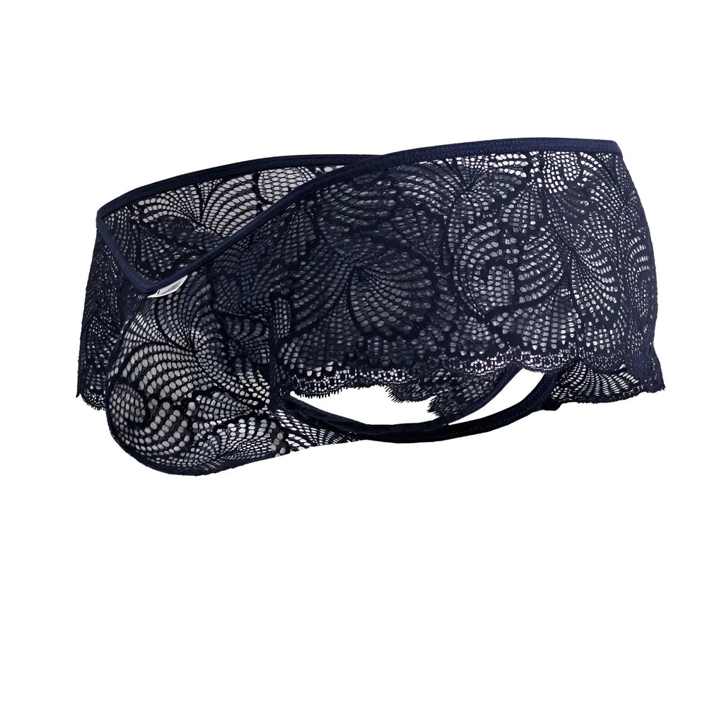CandyMan 99907 lace trunks in navy featuring dark navy floral lace and delicate sheer fabric design