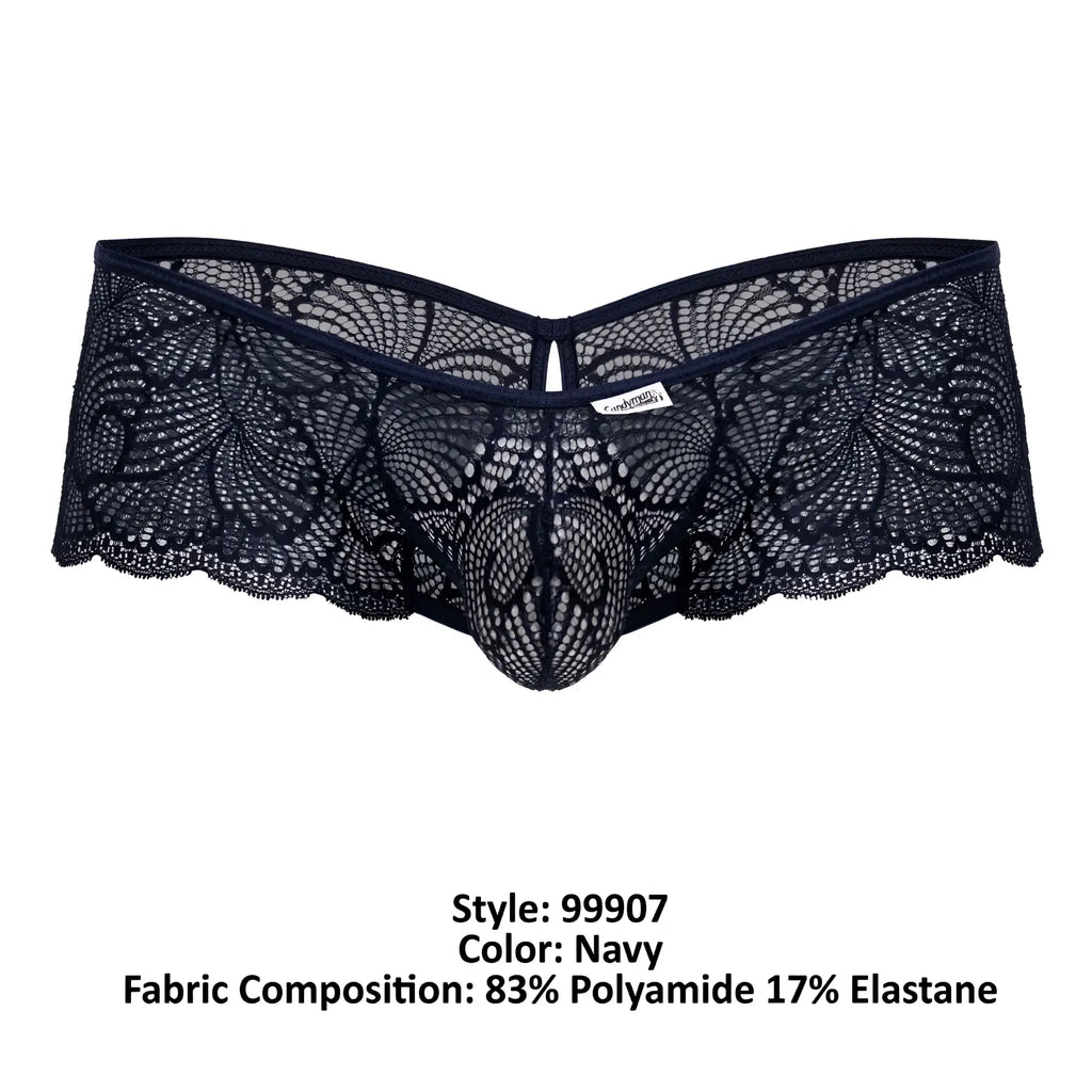 Navy lace trunks for men with intricate floral patterns and central mesh design by CandyMan 99907