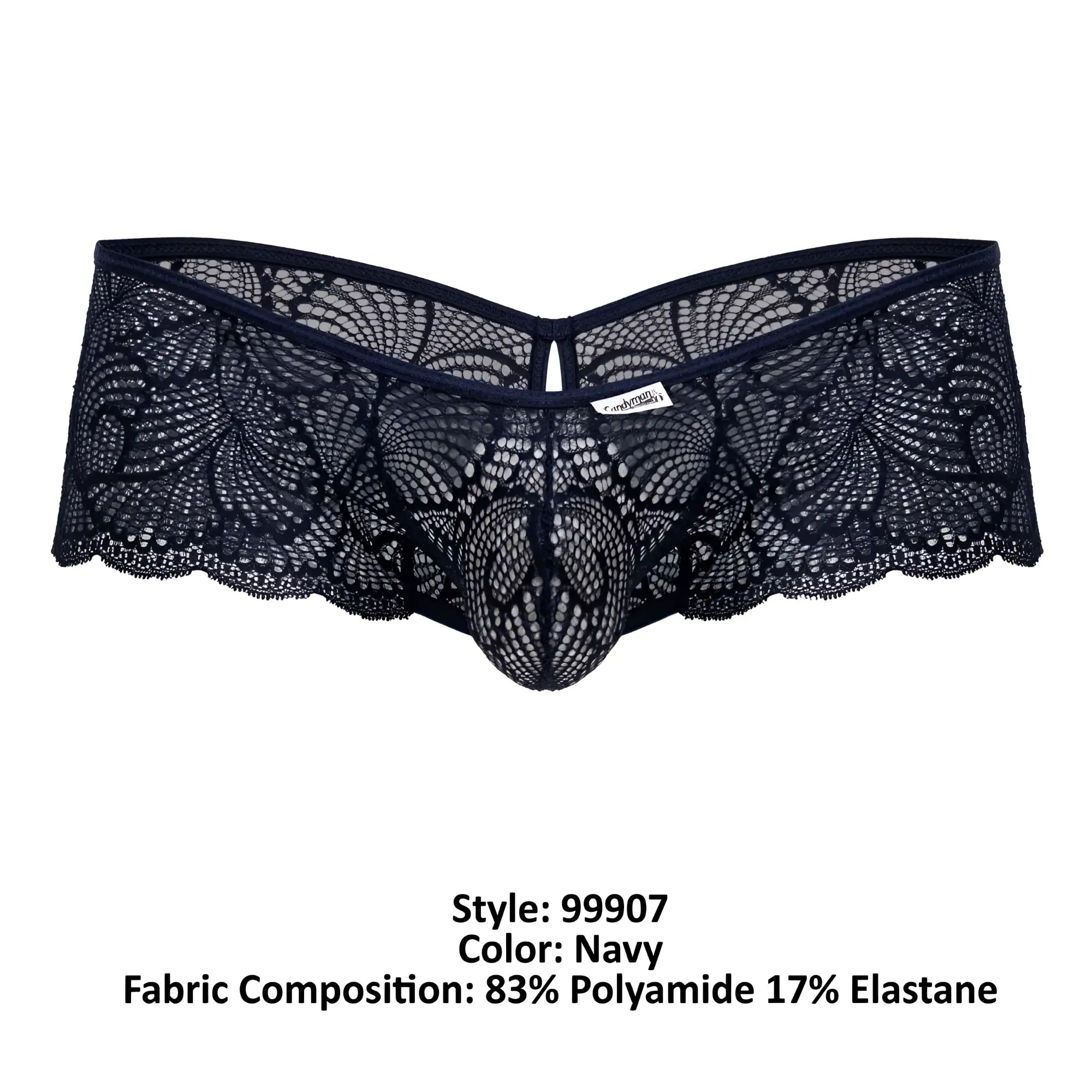 Navy lace trunks for men with intricate floral patterns and central mesh design by CandyMan 99907