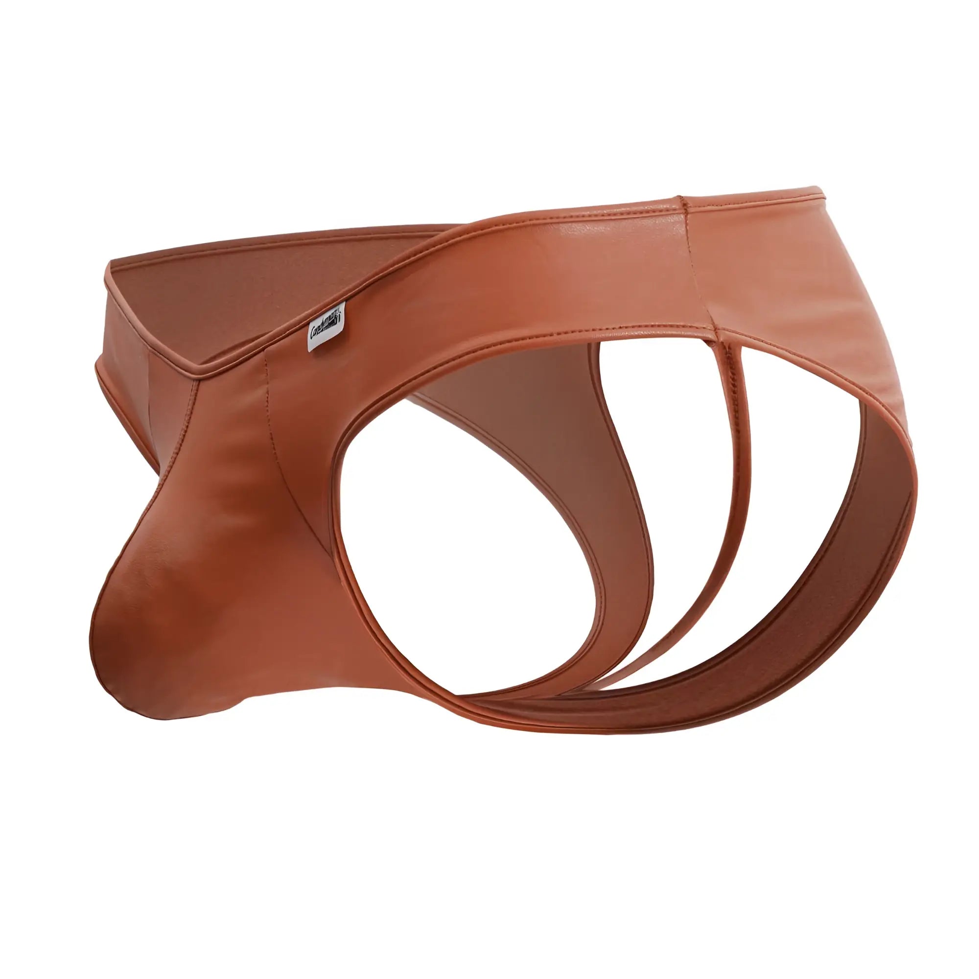 Brown faux leather candyMan 99908 heart briefs in red with sleek contoured design and three curved cutouts