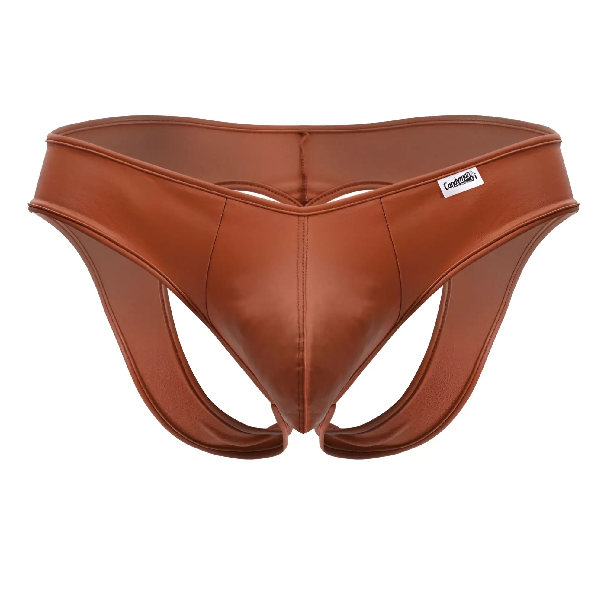 Brown faux leather thong with sleek contoured design and subtle stitching from candyman 99908 heart briefs red collection