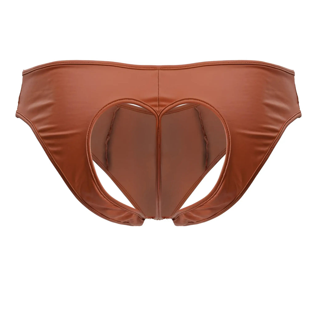 Brown heart-shaped faux leather briefs by candyman 99908 in red with shiny finish and unique cutout design