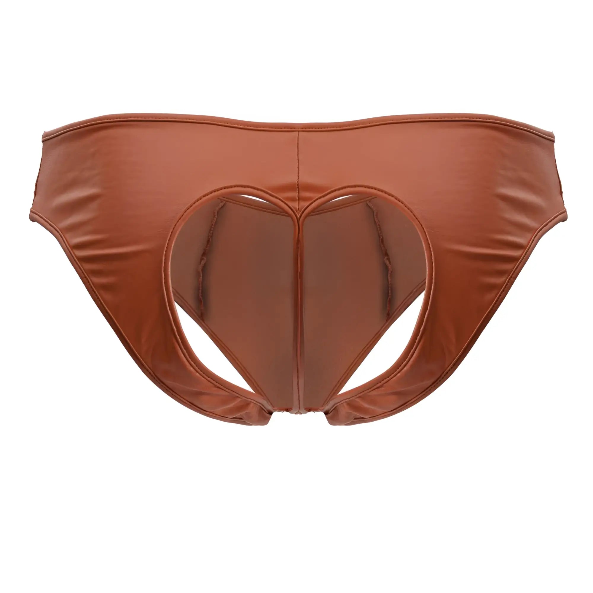 Brown heart-shaped faux leather briefs by candyman 99908 in red with shiny finish and unique cutout design