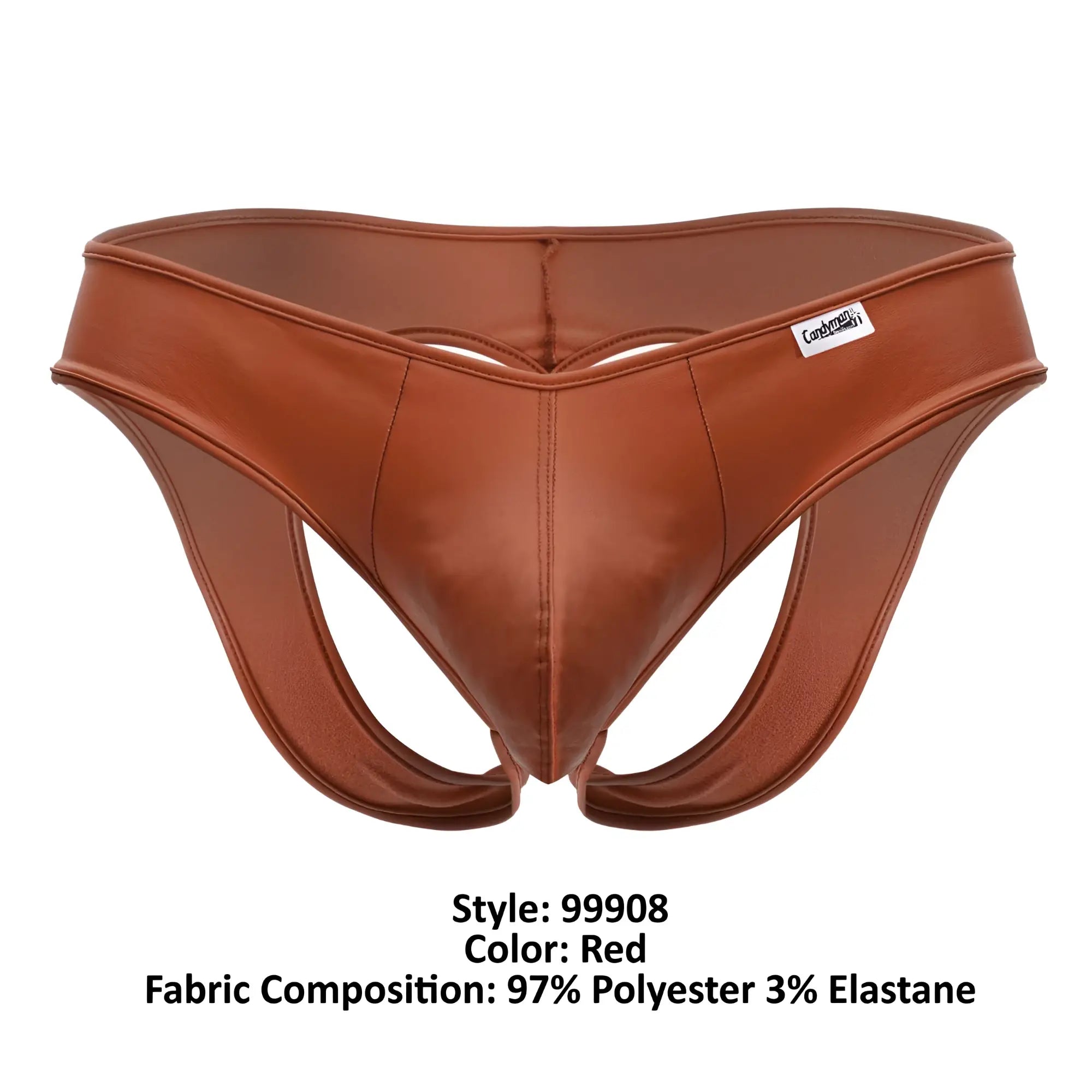 CandyMan 99908 heart briefs in red faux leather with sleek contoured design and subtle waistband brand tag