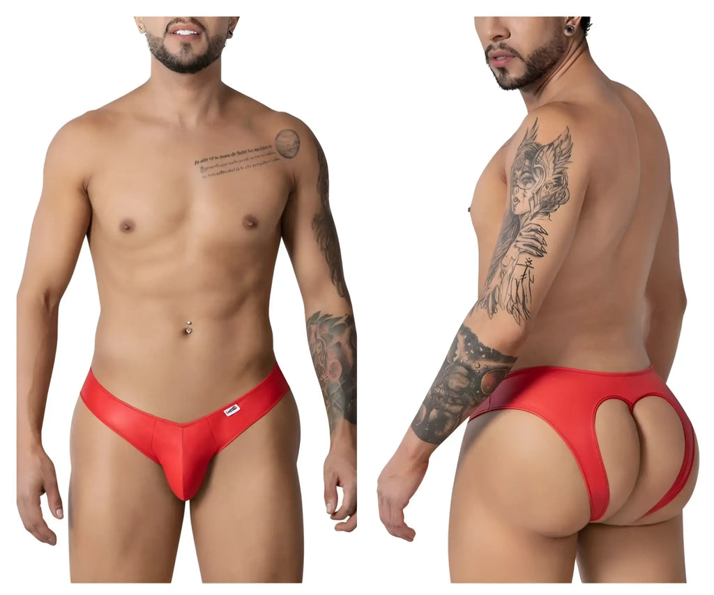 Red candyMan 99908 heart briefs for men with a glossy finish and distinctive cutout design on the back