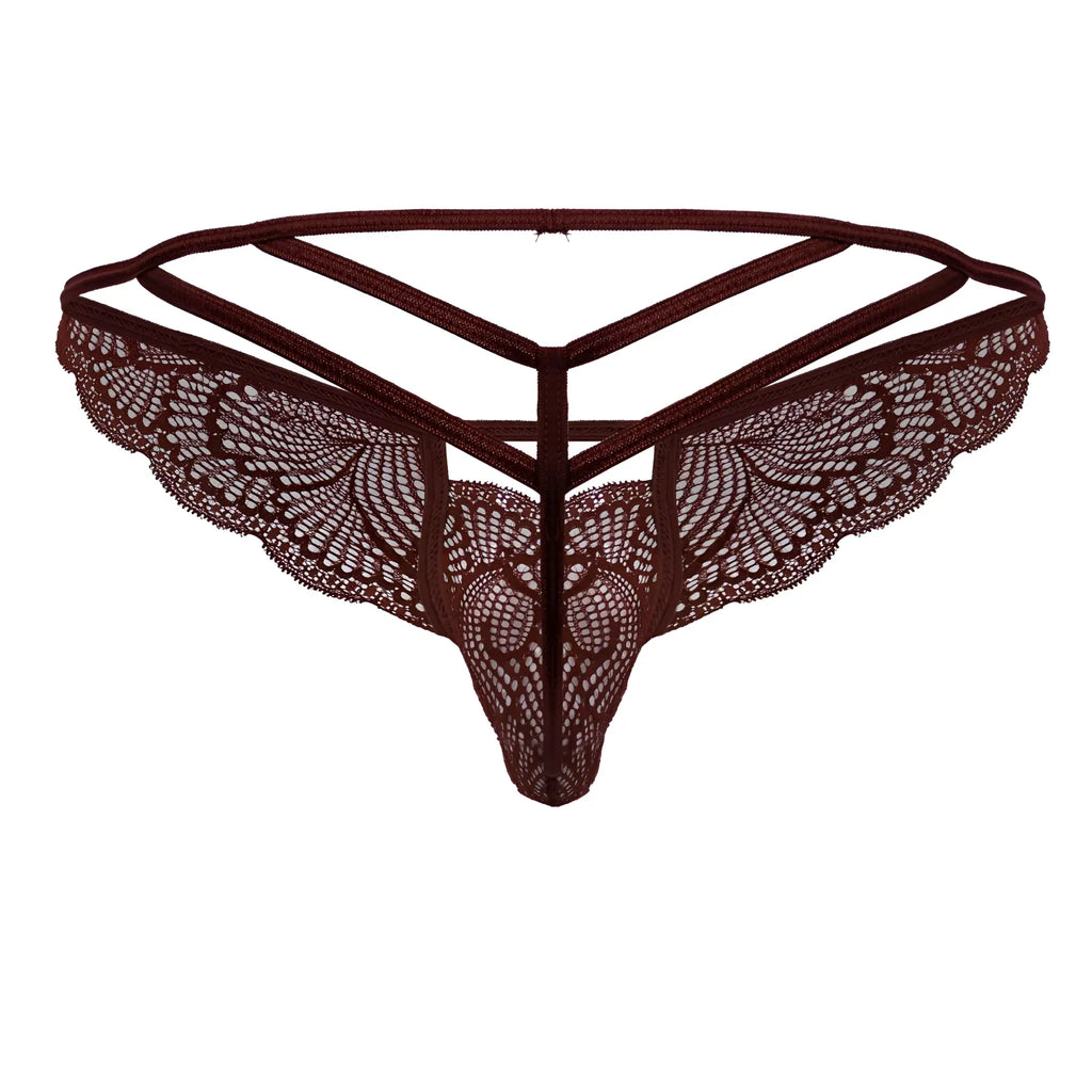Dark brown candy man 99910 lace thong with intricate butterfly wing patterns and triangular strappy design in burgundy