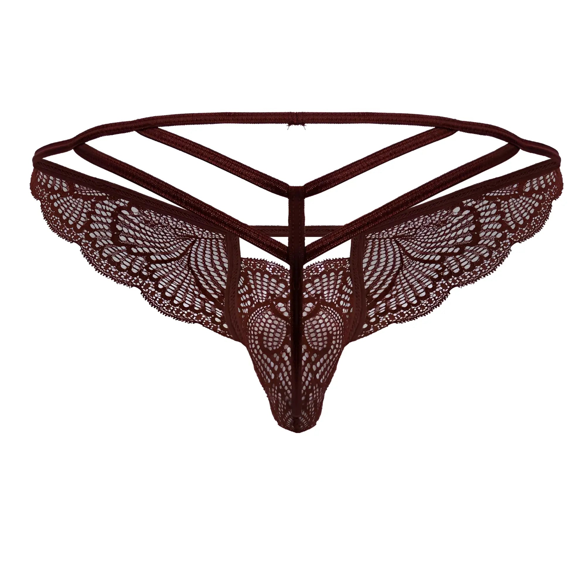 Dark brown candy man 99910 lace thong with intricate butterfly wing patterns and triangular strappy design in burgundy