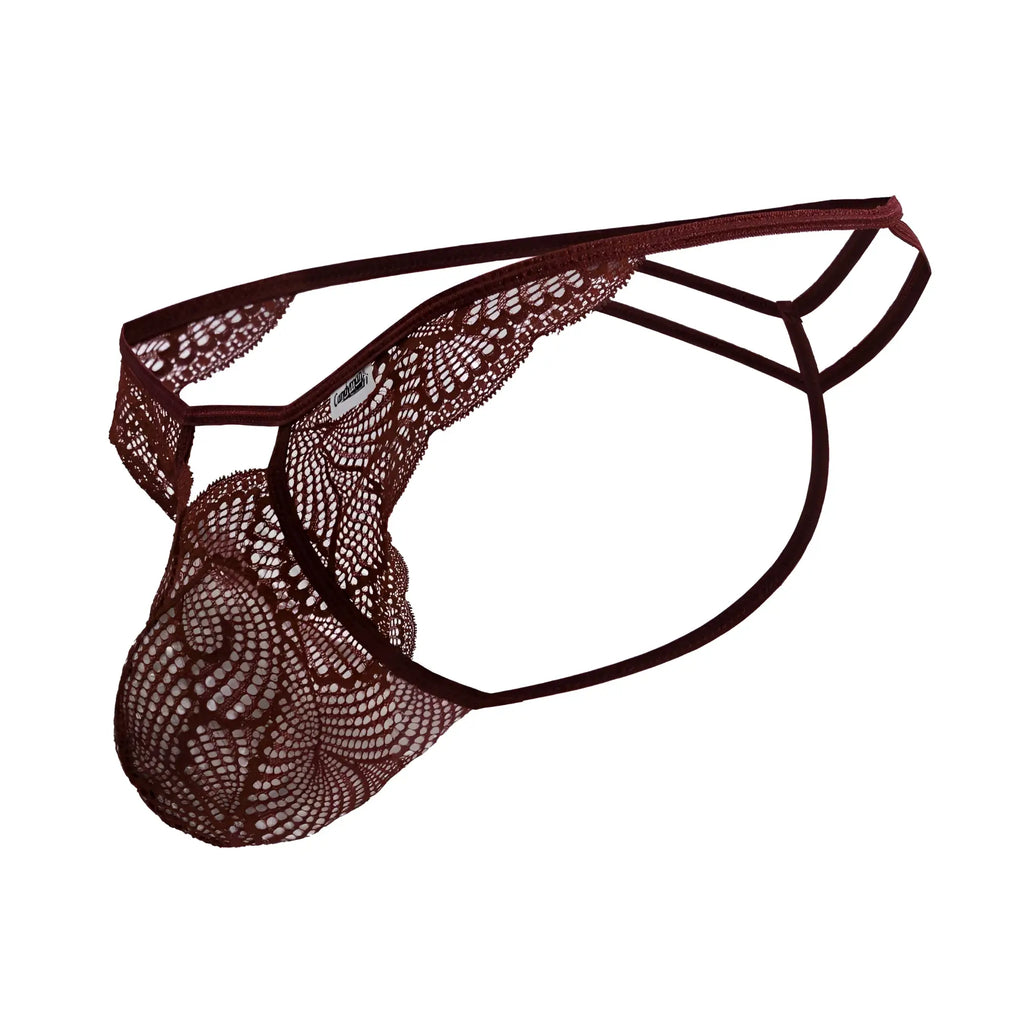 A dark burgundy lace thong with intricate pattern and supportive elastic straps candyMan 99910 lace thong