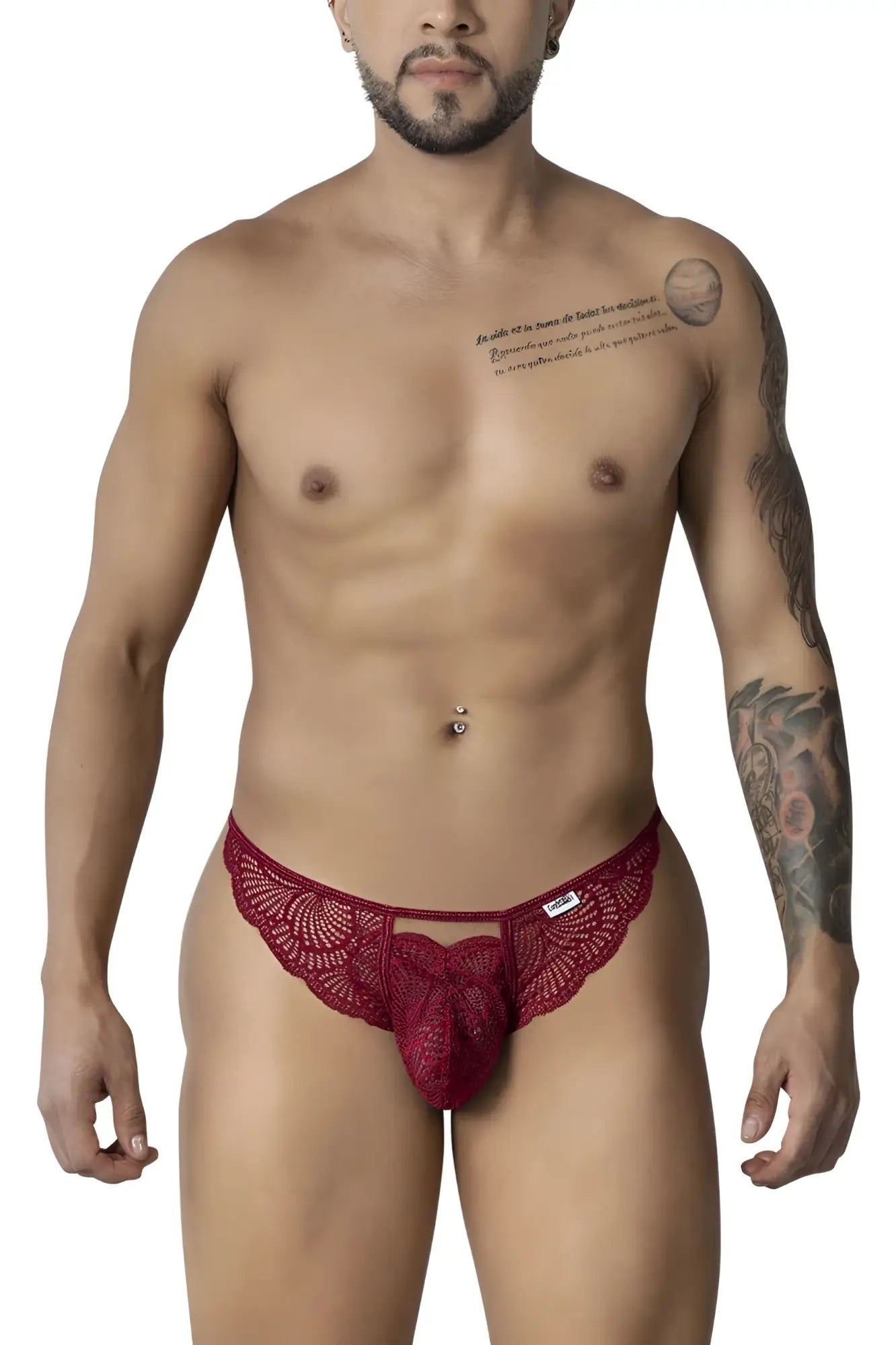 Burgundy lace thong from candyman 99910 featuring a central bow design in red lace material