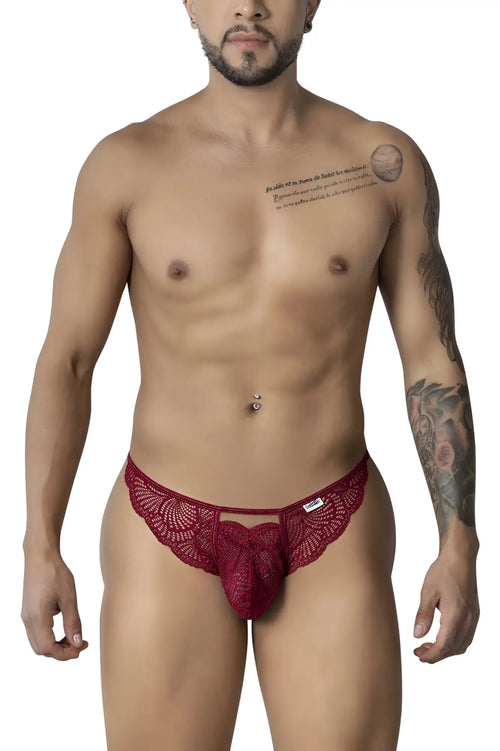 Burgundy lace thong from candyman 99910 featuring a central bow design in red lace material
