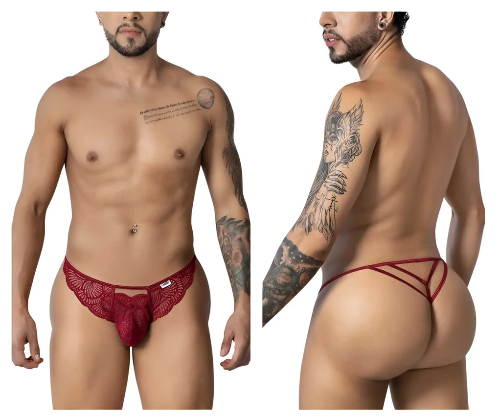 Candyman 99910 burgundy lace thong with a decorative bow at the front in red lace material