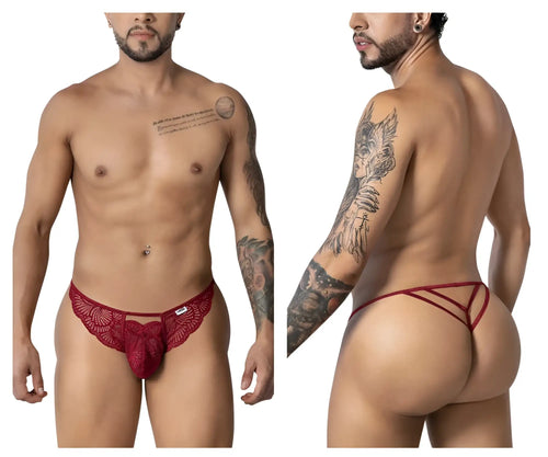 Candyman 99910 burgundy lace thong with a decorative bow at the front in red lace material