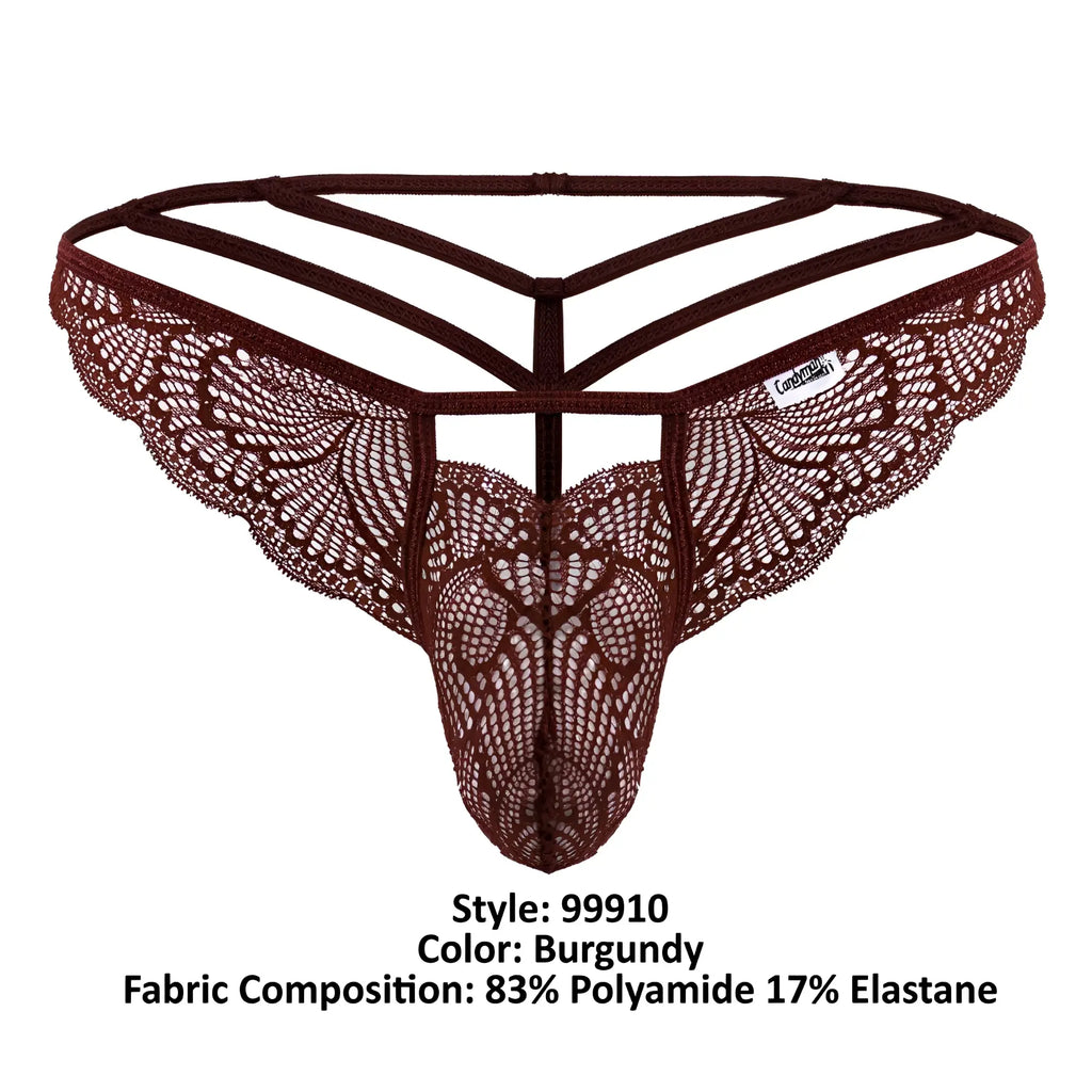 Burgundy CandyMan 99910 lace thong with intricate butterfly pattern and supportive multi-strapped backband backside view