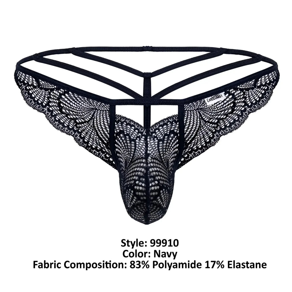 Navy candyMan 99910 lace thong with intricate butterfly mesh and supportive strappy backband shown from back