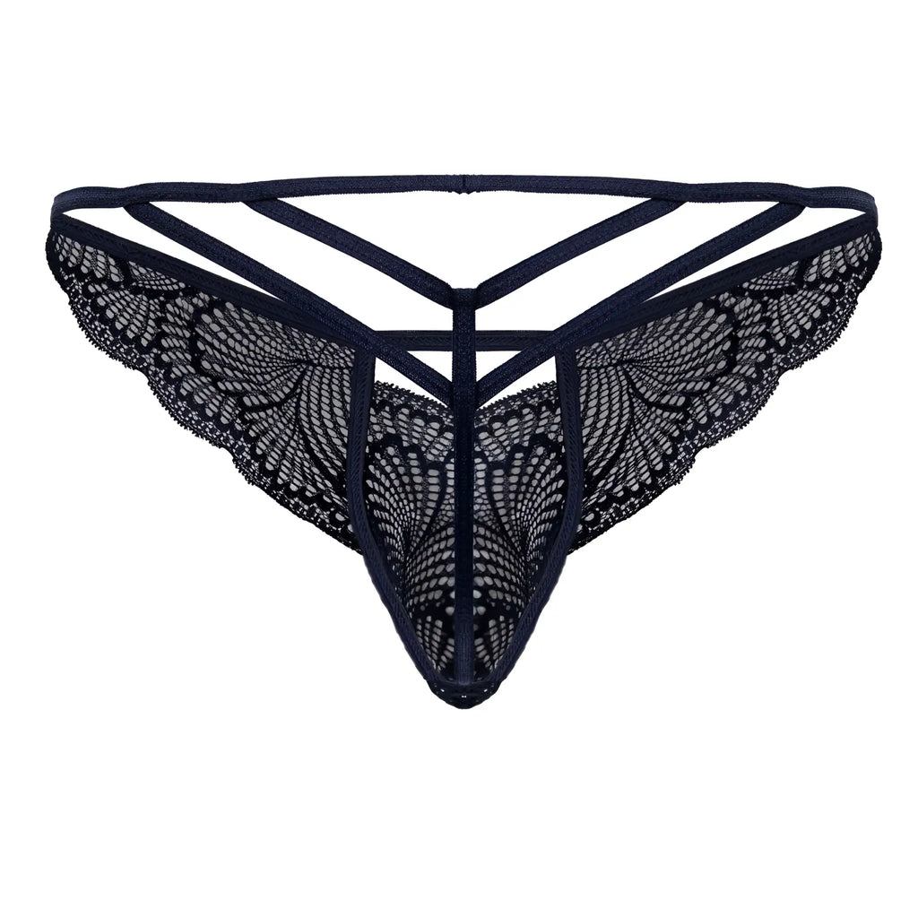 CandyMan 99910 navy lace thong with intricate butterfly wing patterns and crisscross back design shown from back