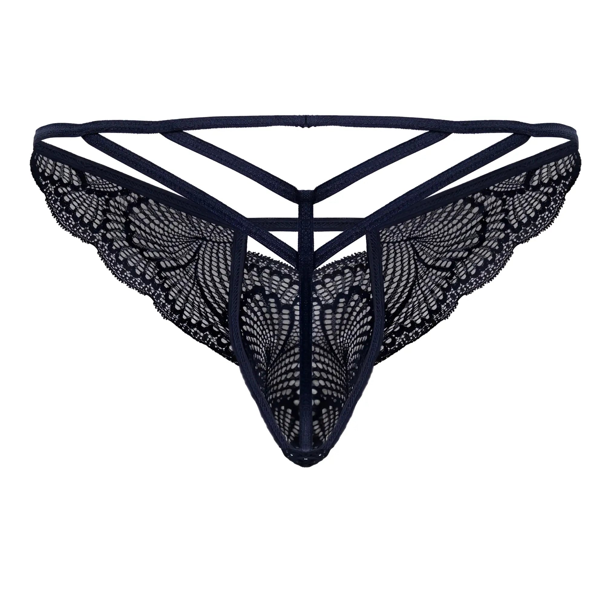 CandyMan 99910 navy lace thong with intricate butterfly wing patterns and crisscross back design shown from back