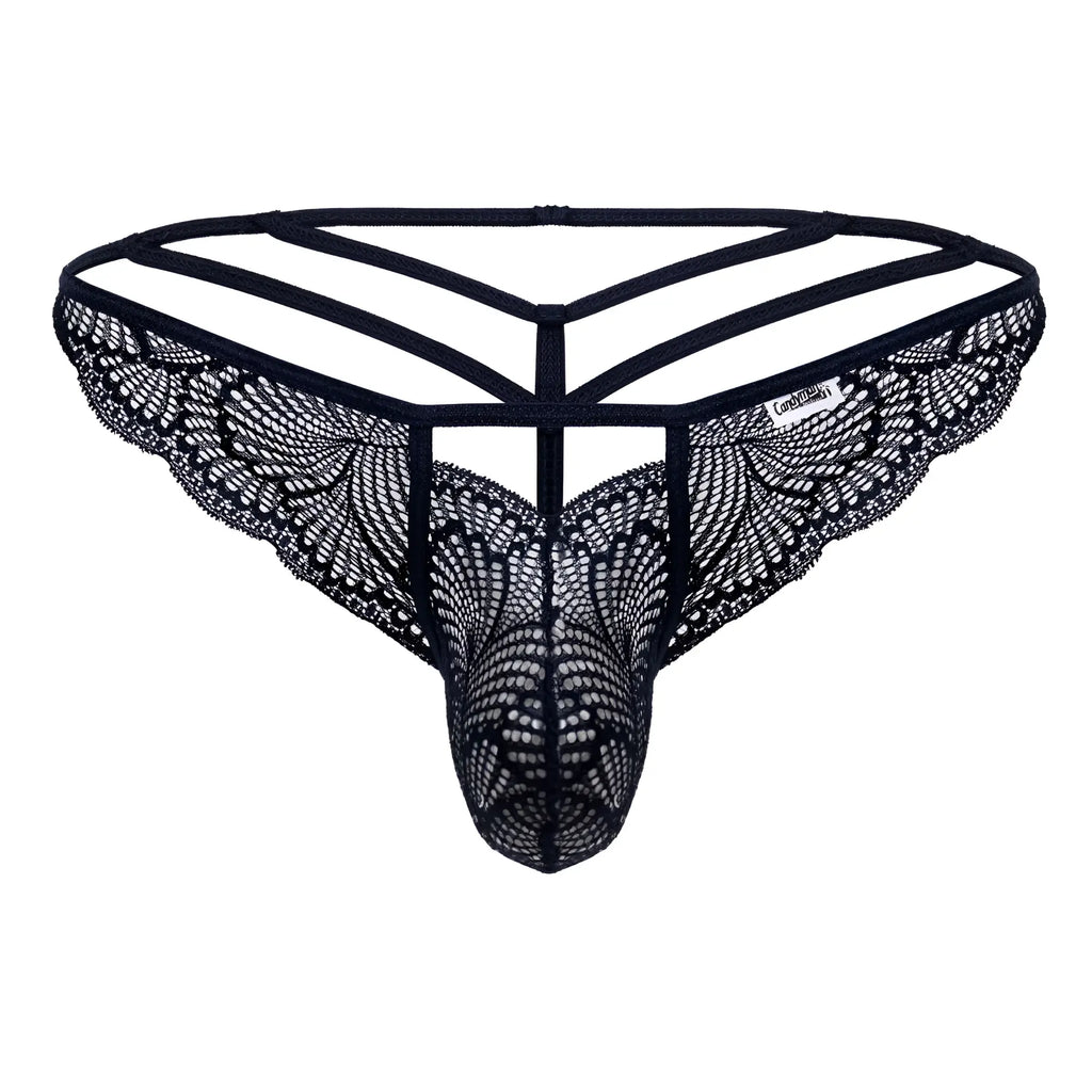 Navy candyMan 99910 lace thong with black intricate butterfly wing patterns and supportive strappy design