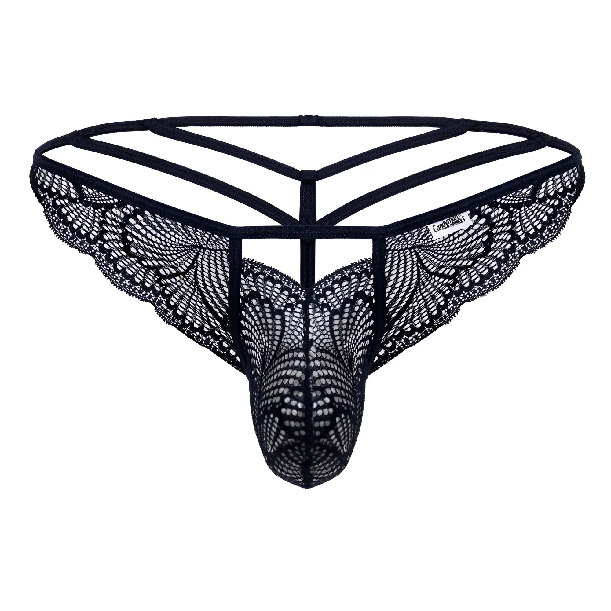 Navy candyMan 99910 lace thong with black intricate butterfly wing patterns and supportive strappy design