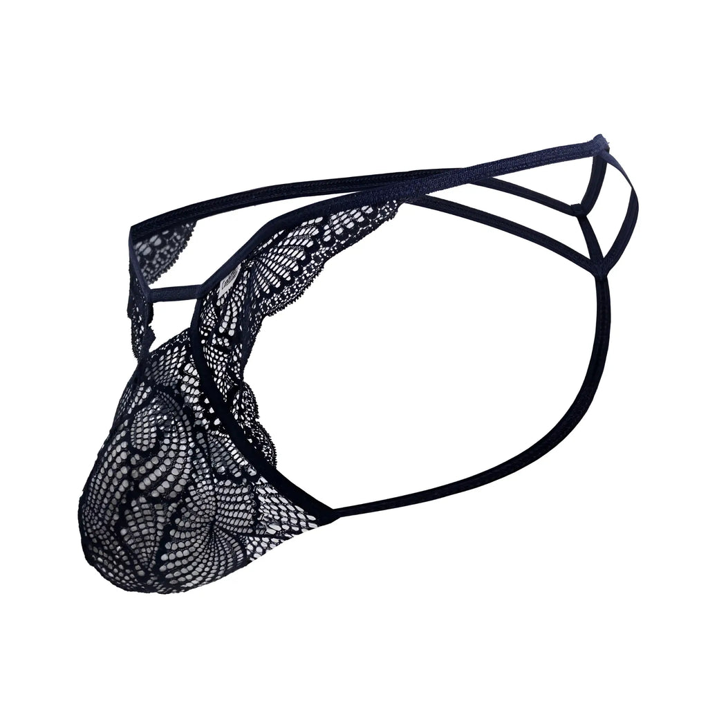 CandyMan 99910 navy lace thong with intricate floral patterns and a supportive multi-strapped design
