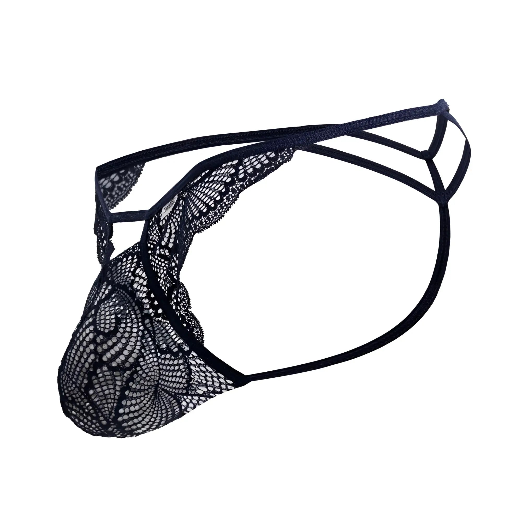 CandyMan 99910 navy lace thong with intricate floral patterns and a supportive multi-strapped design
