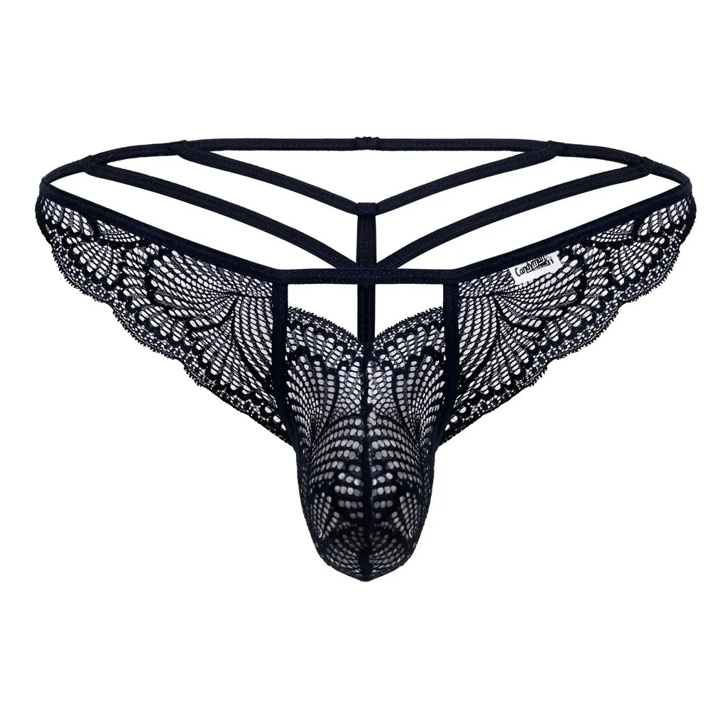 Navy candyMan 99910 lace thong with black intricate butterfly wing patterns and supportive strappy design