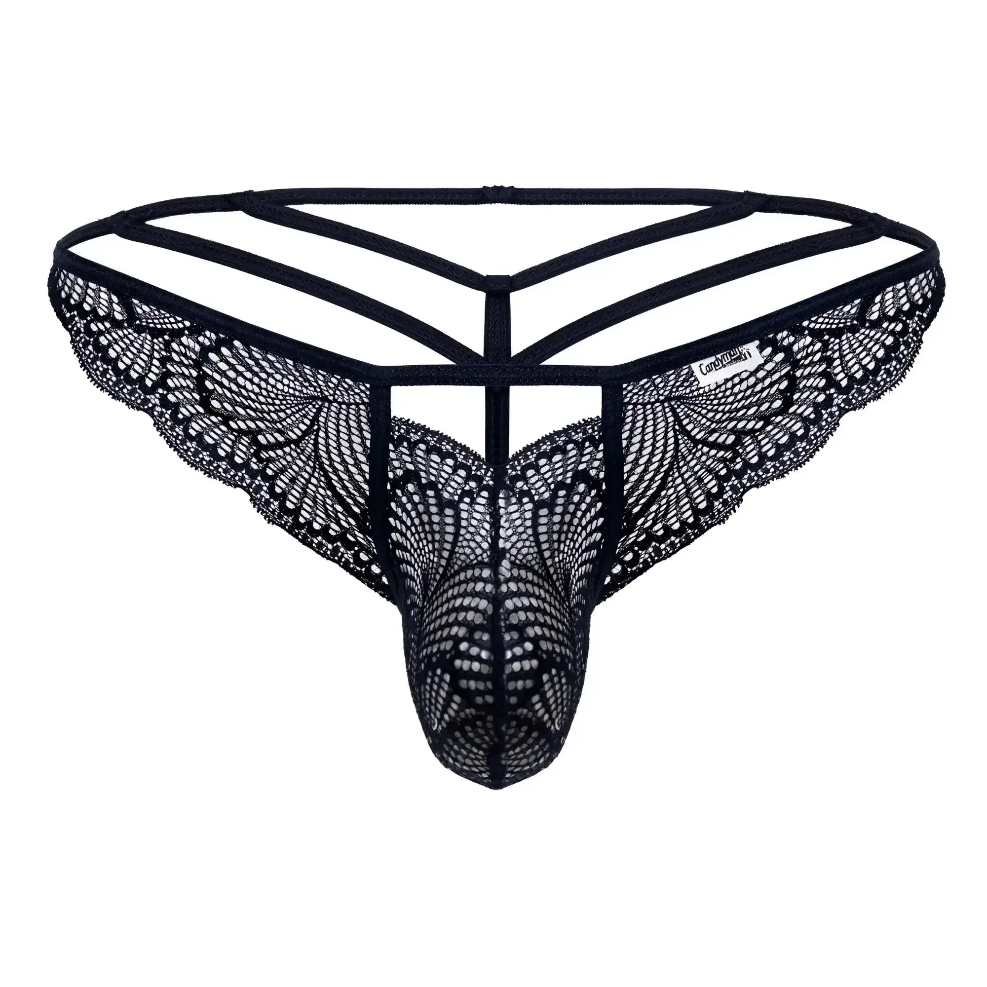 Navy candyMan 99910 lace thong with black intricate butterfly wing patterns and supportive strappy design