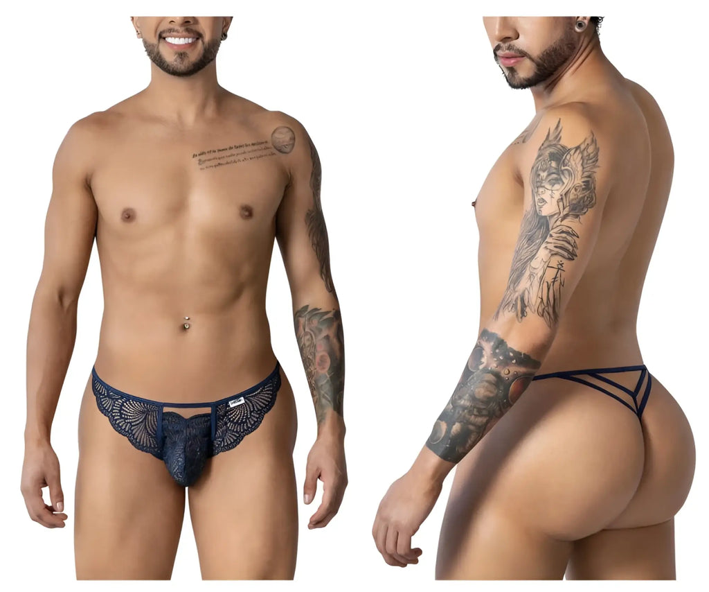 Navy blue lace thong candyMan 99910 with intricate floral patterns and a supportive contoured design visible from the back