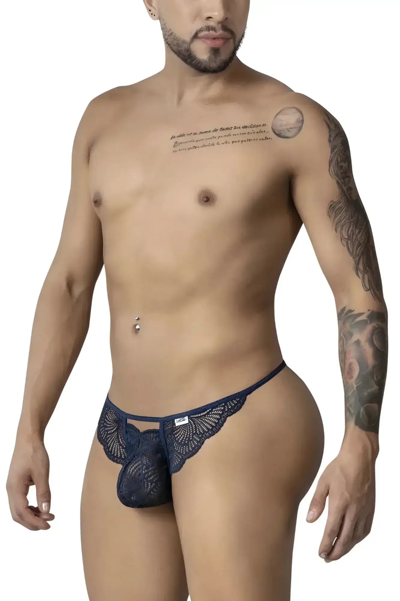 Navy blue CandyMan 99910 lace thong with intricate floral pattern and central pouch design in delicate lace material