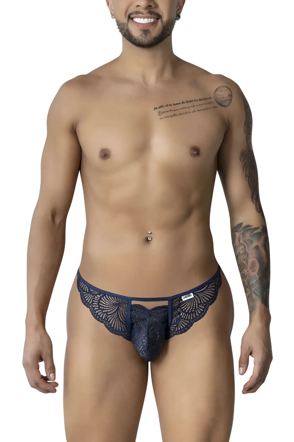 CandyMan 99910 navy lace thong with intricate floral patterns and small brand tag on waistband