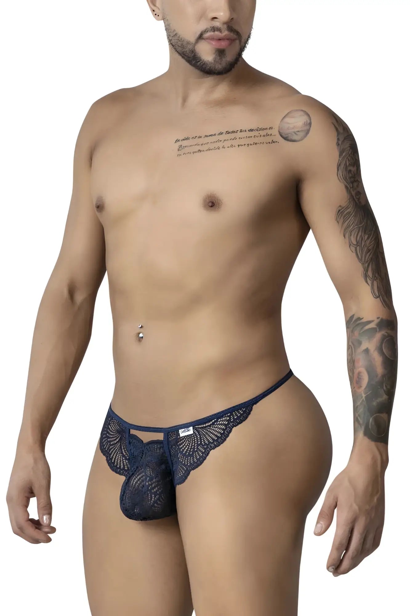 Navy blue CandyMan 99910 lace thong with intricate floral pattern and central pouch design in delicate lace material