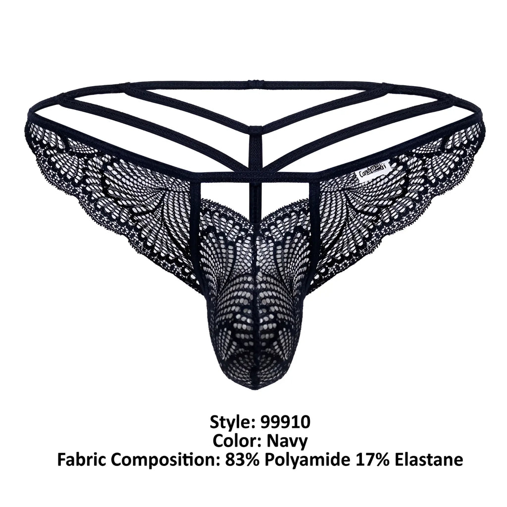 Navy candyMan 99910 lace thong with intricate butterfly mesh and supportive strappy backband shown from back
