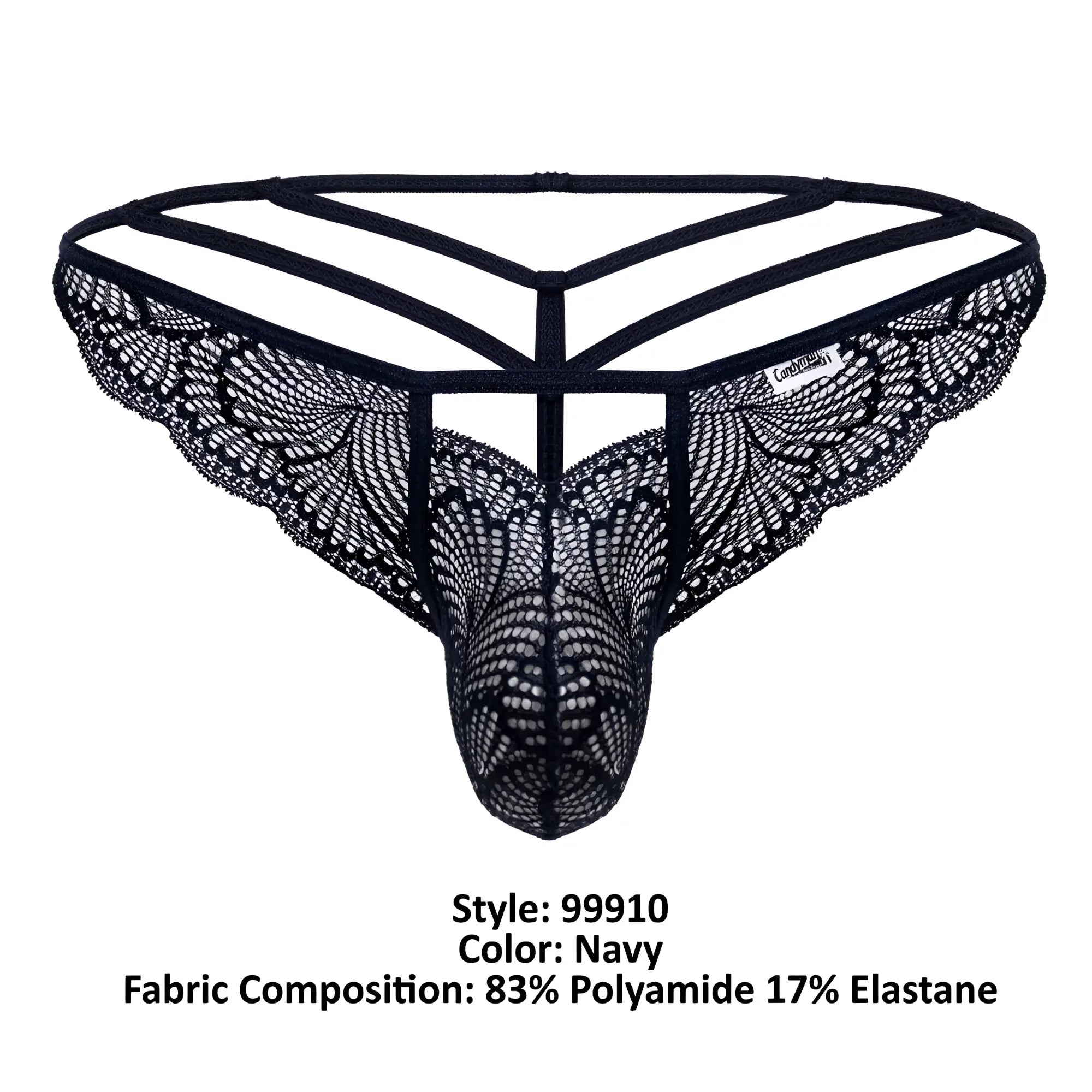 Navy candyMan 99910 lace thong with intricate butterfly mesh and supportive strappy backband shown from back