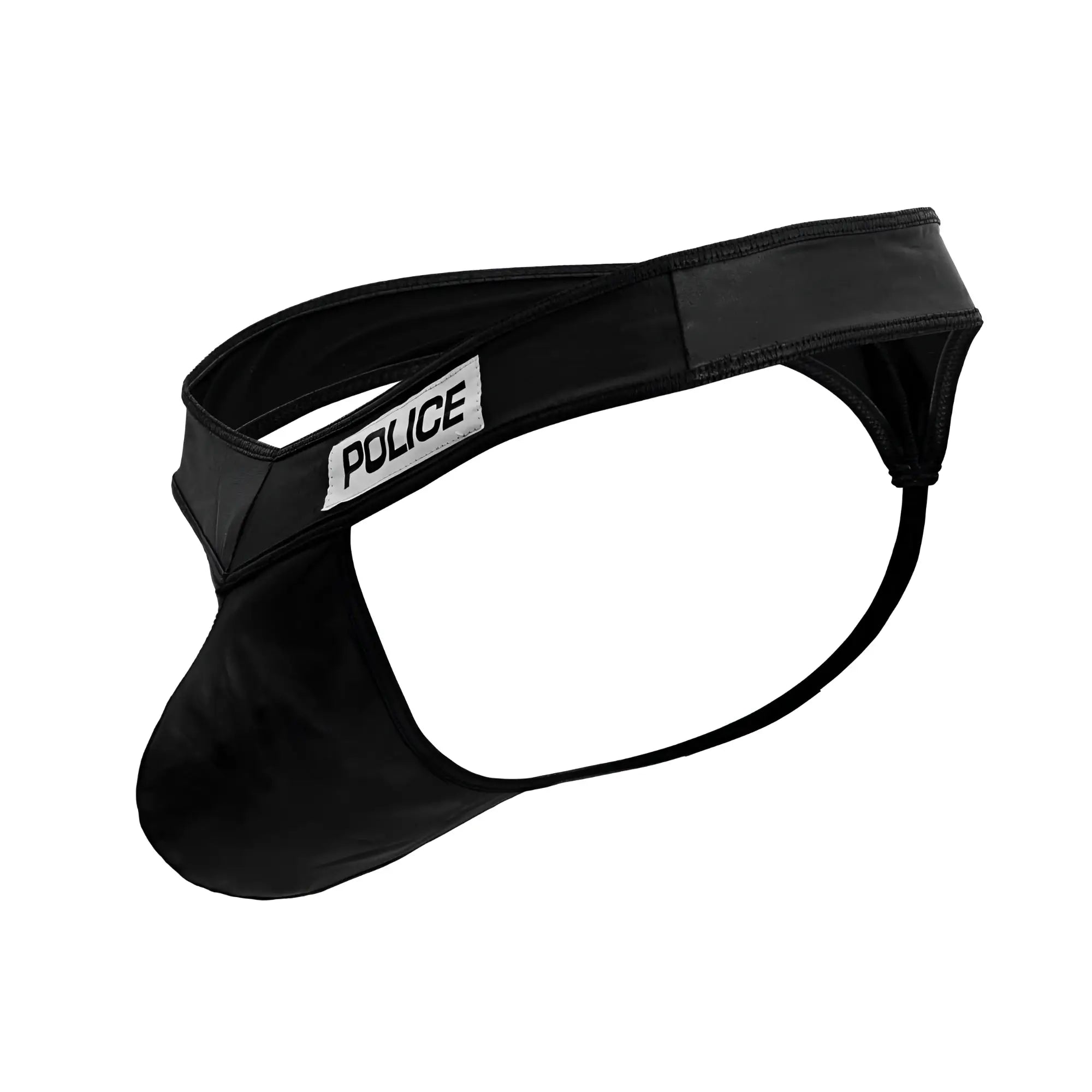 Black faux leather CandyMan 99912 police thong with white police patch on the waistband, front view