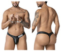 Black leather-like police thong with white police label on waistband from candyman 99912 collection