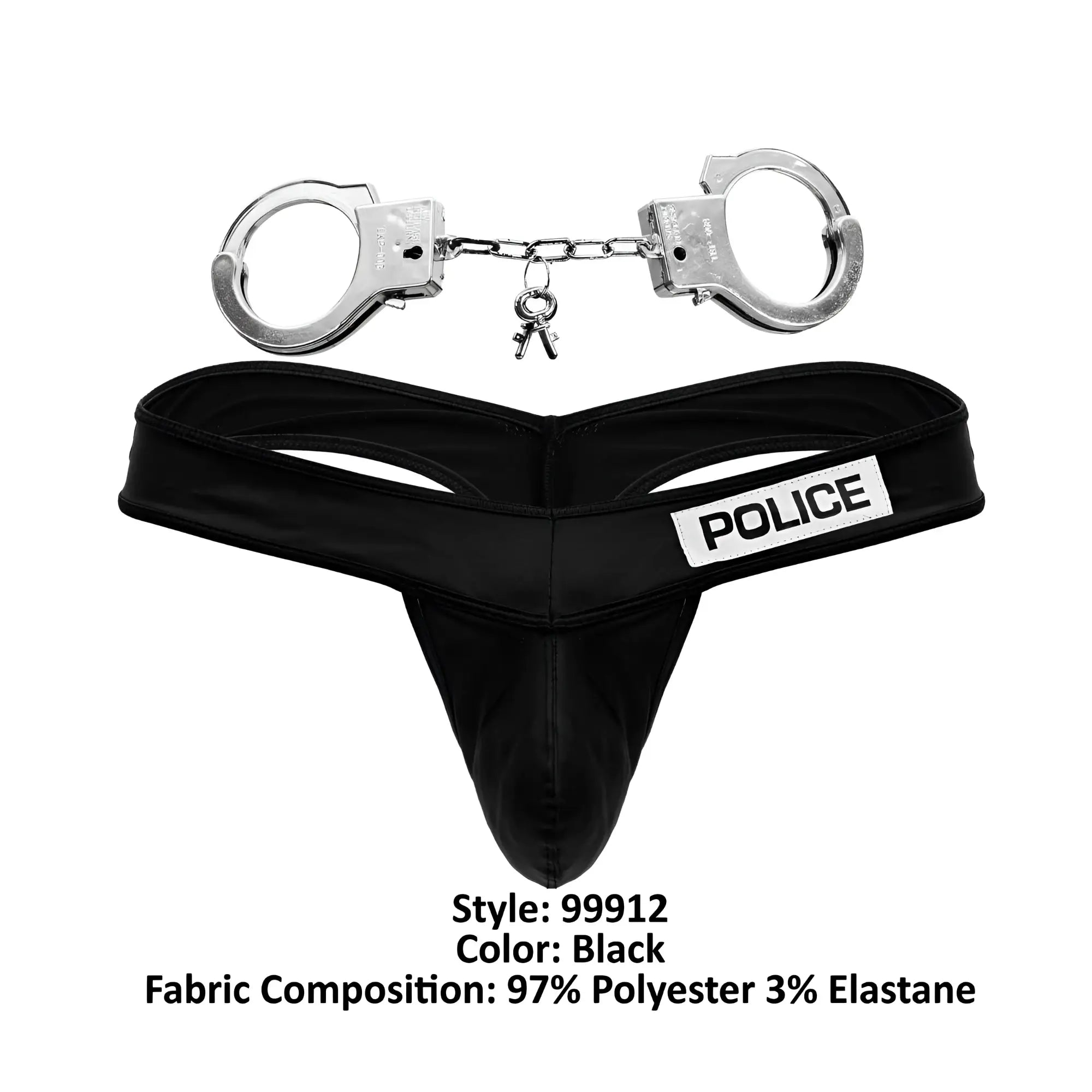 Black polyester and elastane candyMan 99912 police thong with police patch and silver handcuffs attached by chain