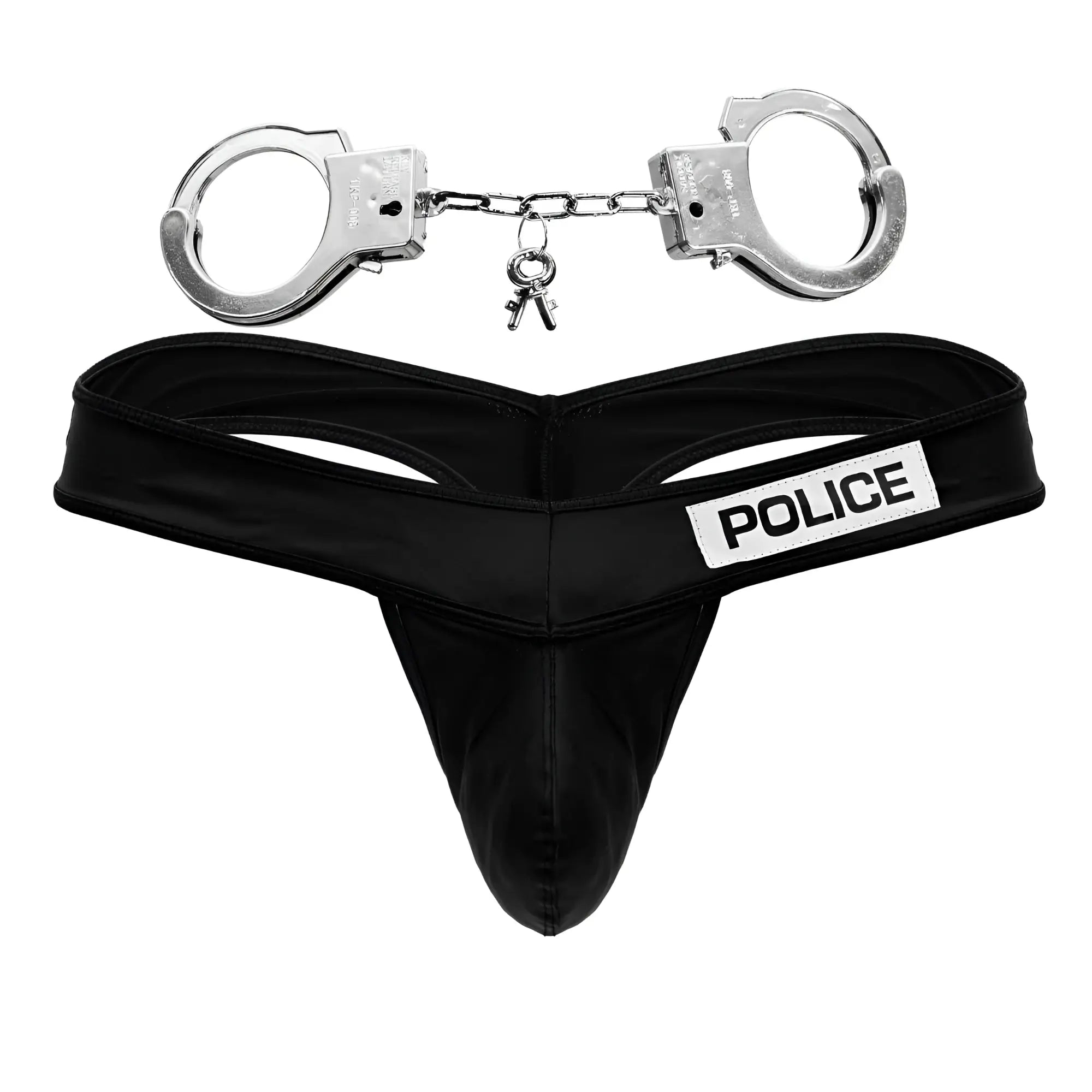 Black satin police thong with patch and silver handcuffs attached by chain candyMan 99912 model
