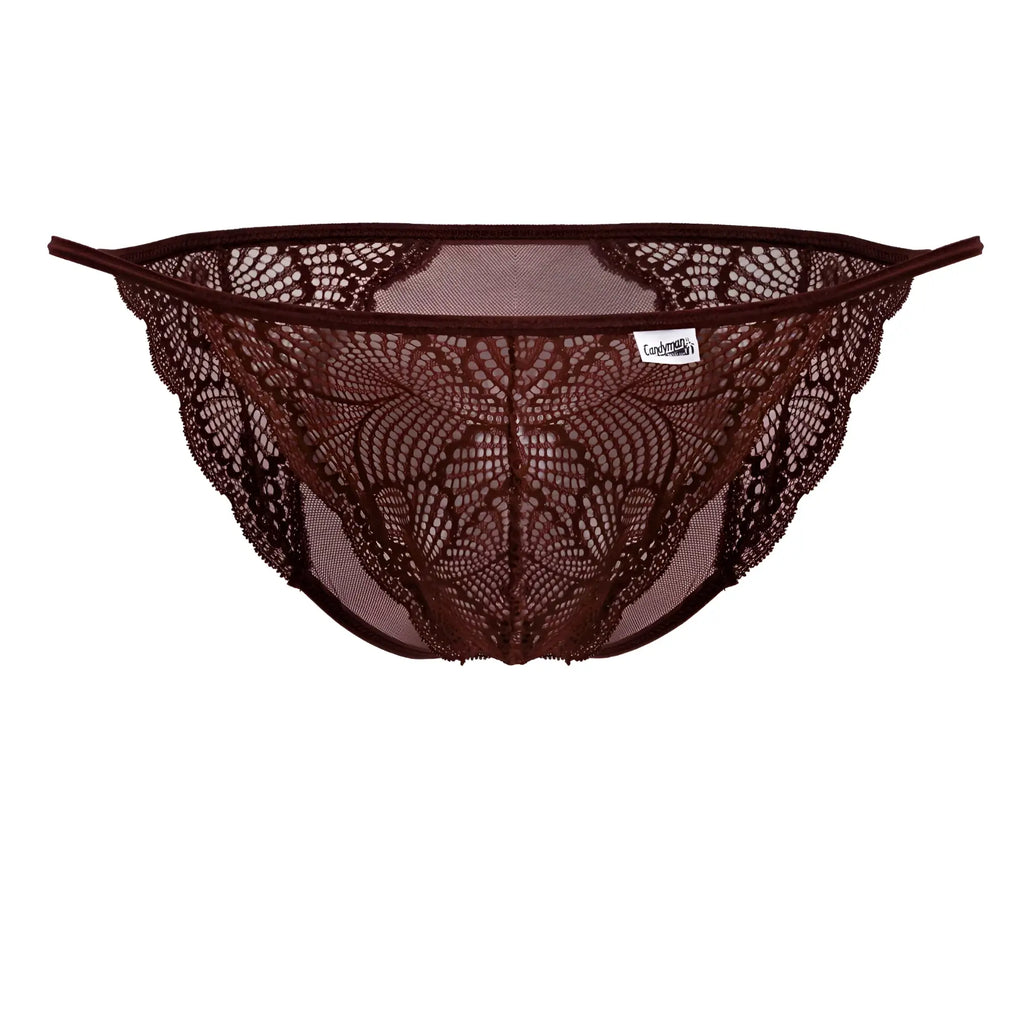 A dark brown burgundy candyMan 99914 lace thong with intricate floral patterns and mesh backing shown from the back side