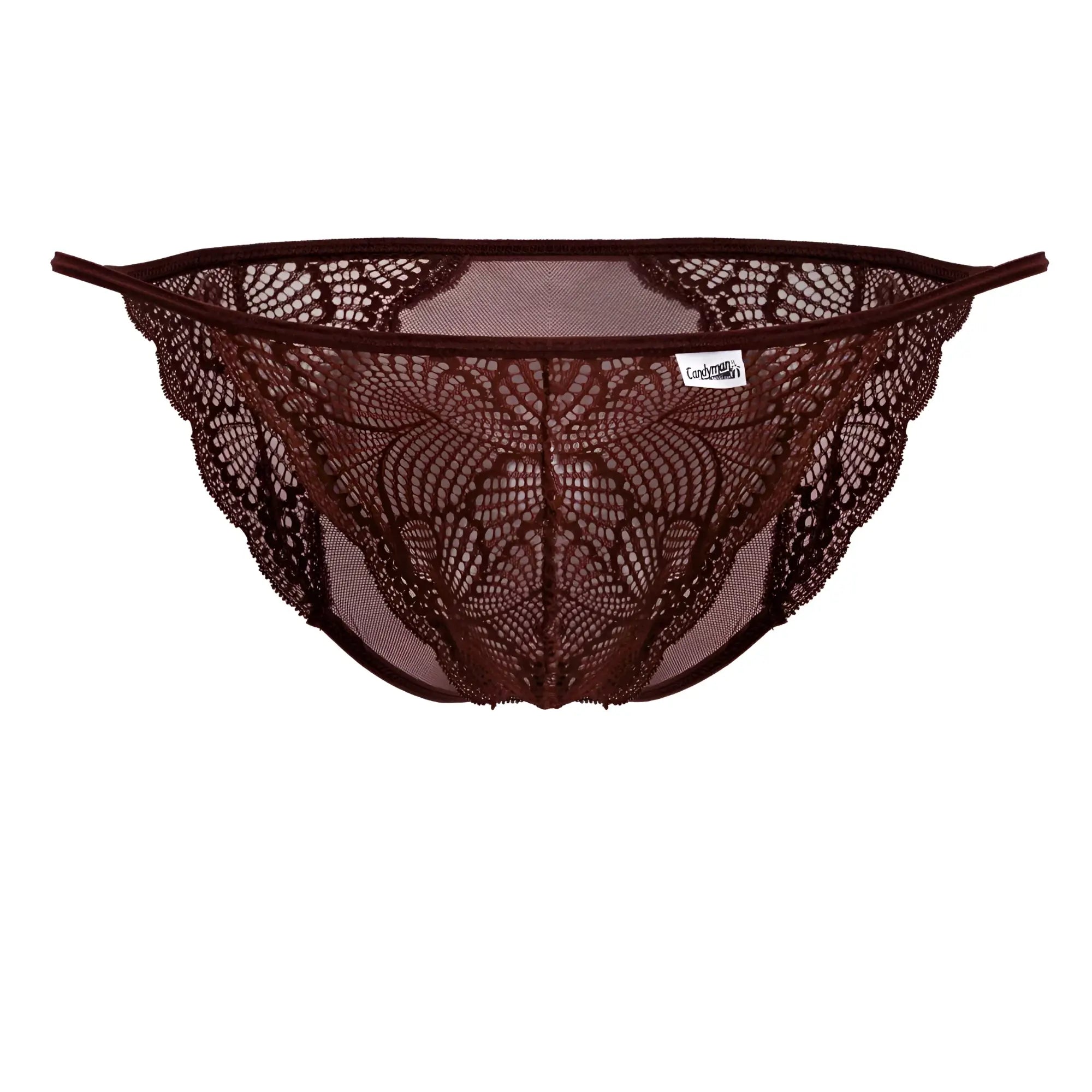 A dark brown burgundy candyMan 99914 lace thong with intricate floral patterns and mesh backing shown from the back side