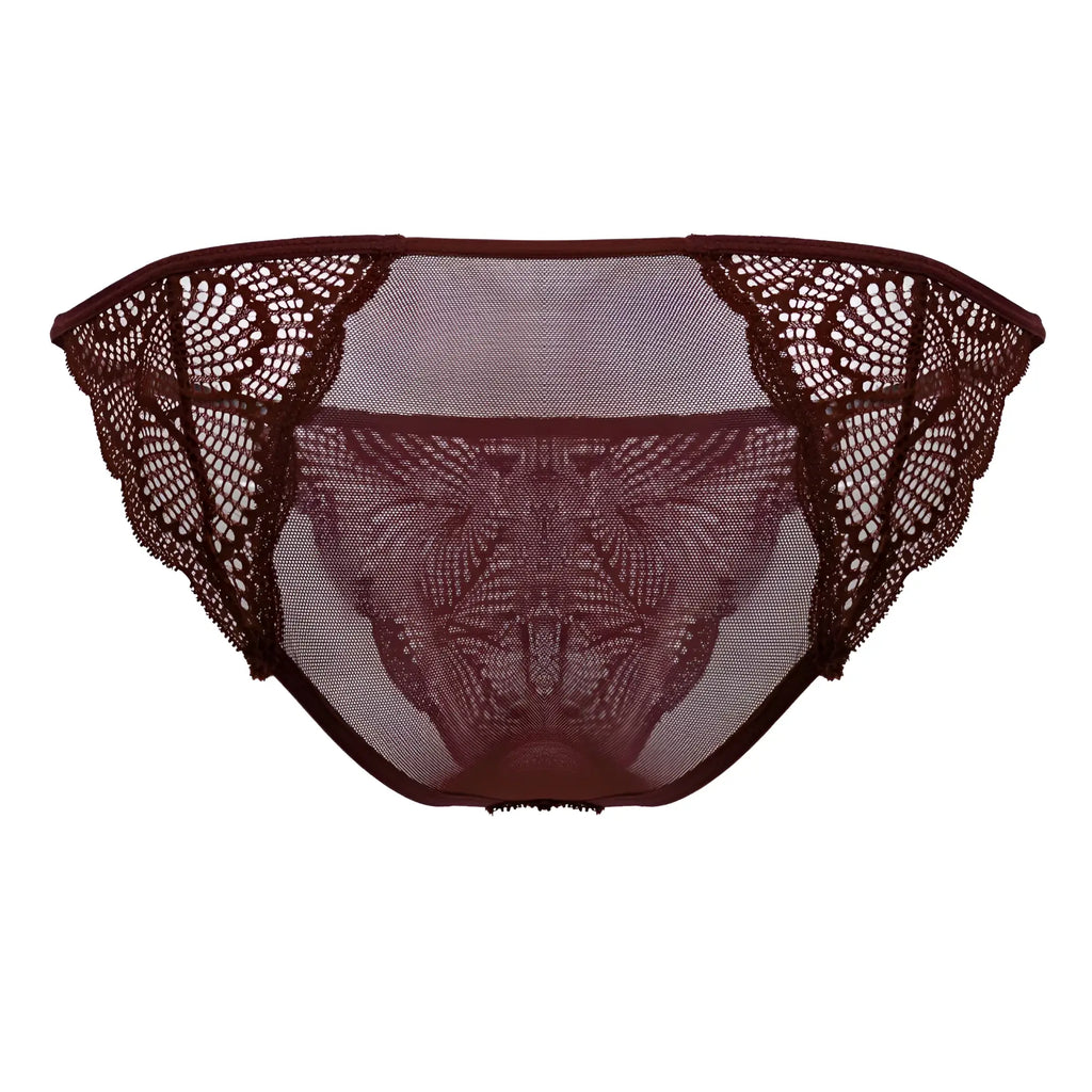 CandyMan 99914 lace briefs burgundy maroon lace bikini bottom with intricate floral patterns and sheer mesh center