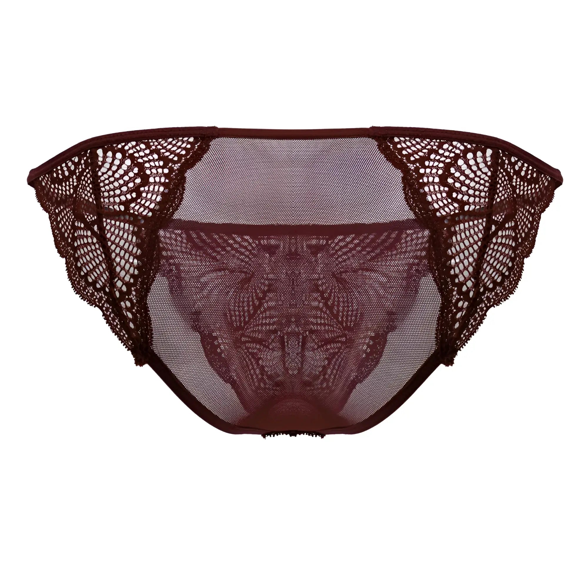 CandyMan 99914 lace briefs burgundy maroon lace bikini bottom with intricate floral patterns and sheer mesh center