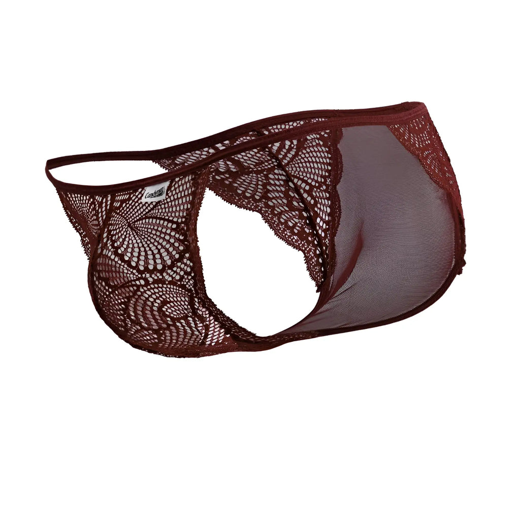 CandyMan 99914 lace briefs in burgundy featuring a maroon lace thong design with intricate circular patterns and sheer mesh panel