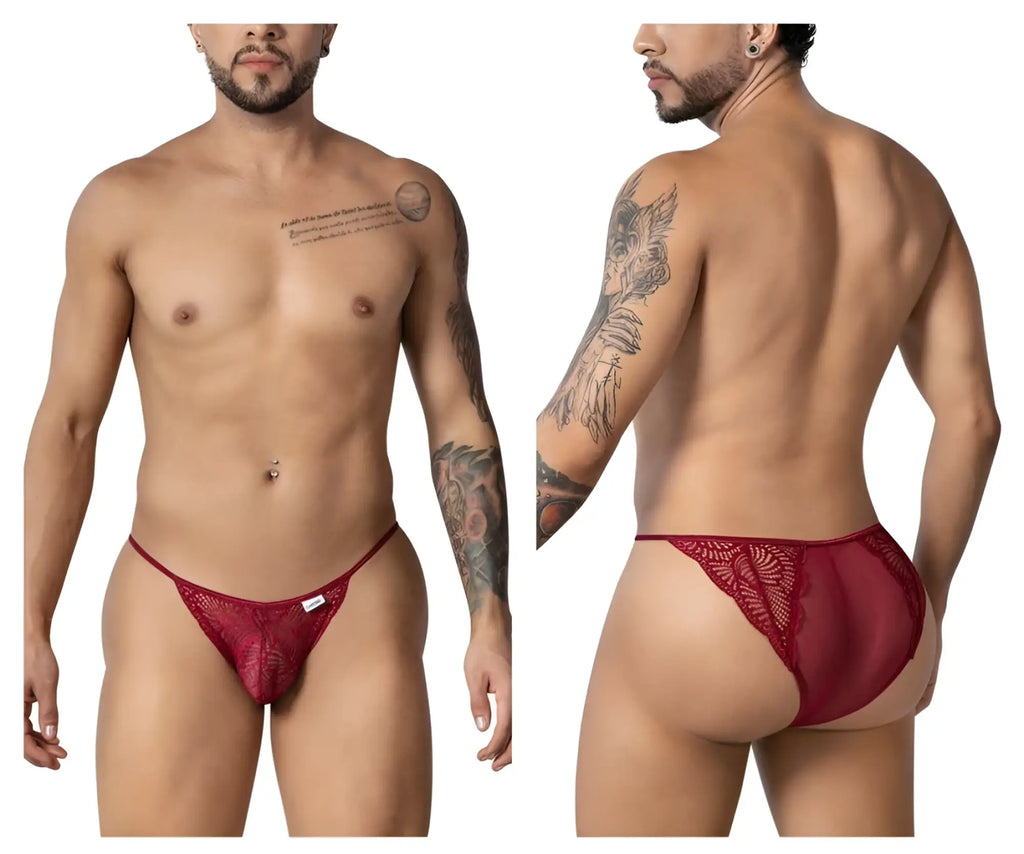Burgundy candyman 99914 lace briefs red lace thong with sheer mesh back and intricate floral pattern shown from back